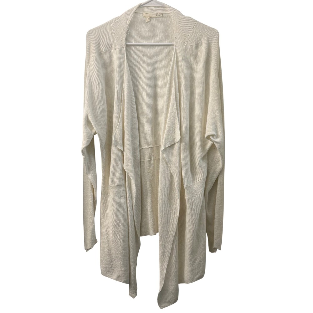 Eileen Fisher Woman Cream‎ Linen Cotton Open Front Waterfall Cardigan RN78121